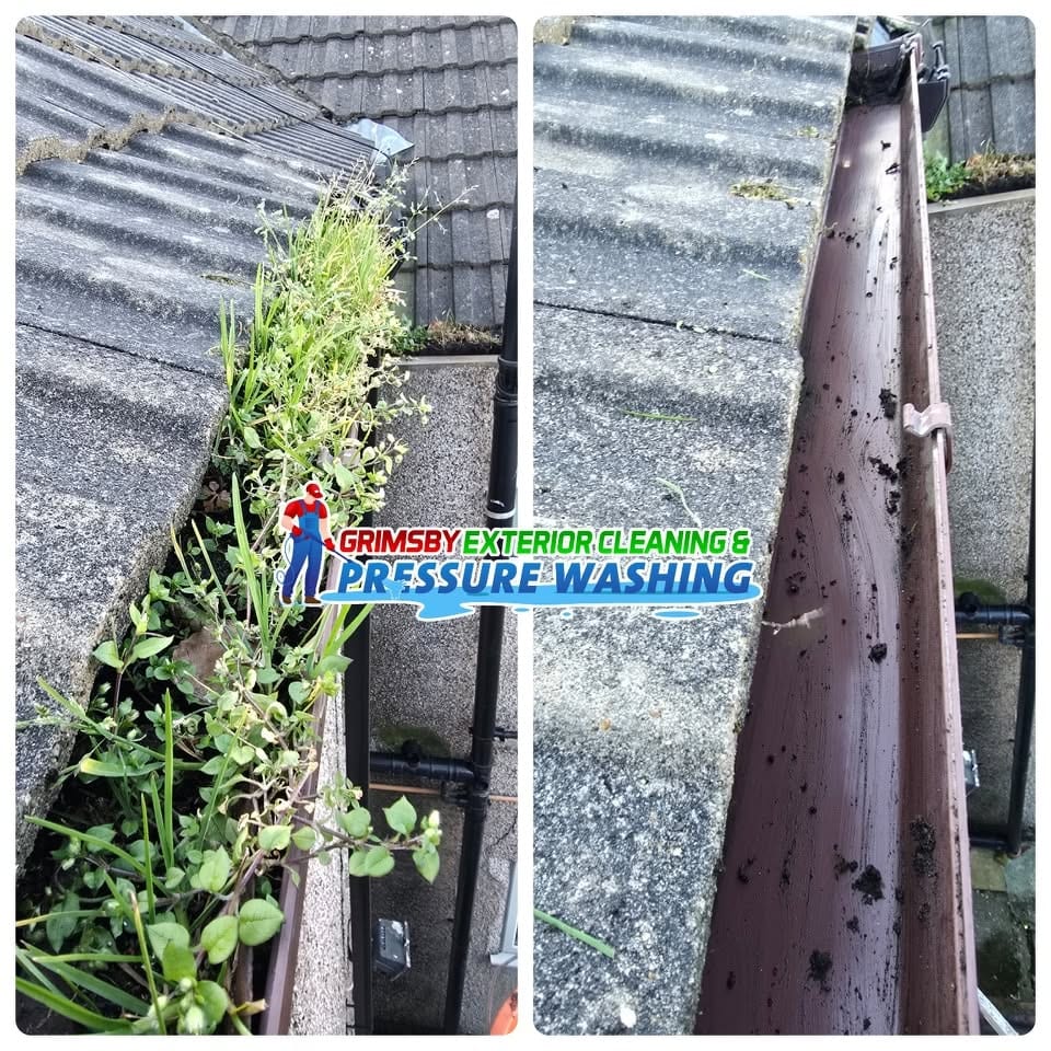 Before and after gutter cleaning in Grimsby, Lincolnshire